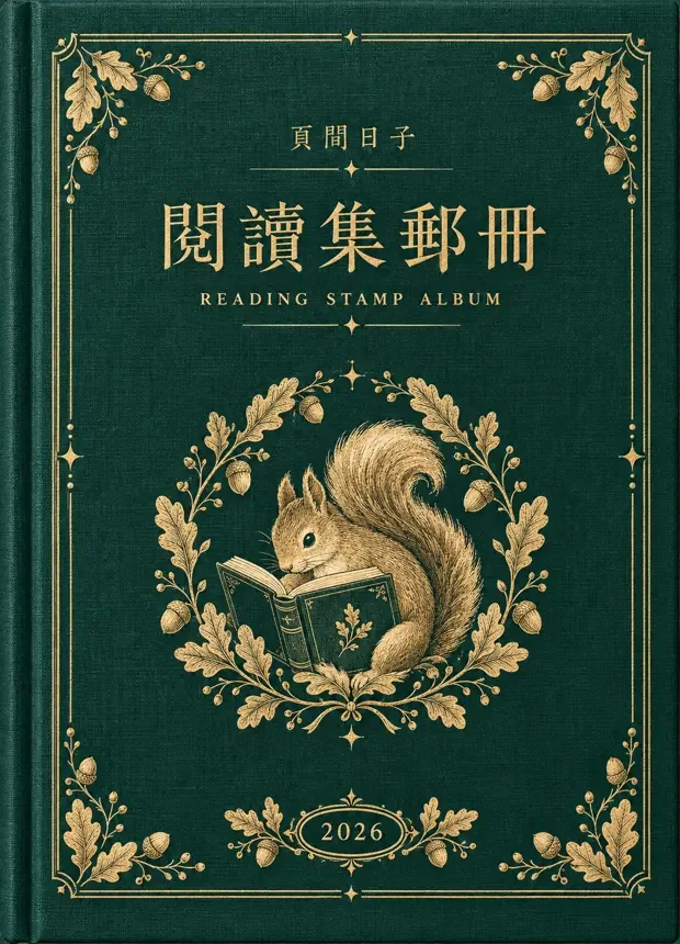 2026 橡果藏書：墨綠布紋與燙金松鼠的閱讀集郵冊封面
